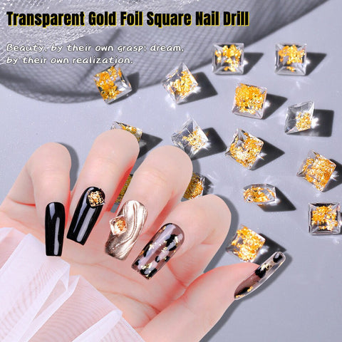 Beyprern 50Pc/Bag Nail Art Decorations 3D Transparent Gold Foil Square Shape Resin Diamond Pointed Bottom DIY Manicure Charms Accessories
