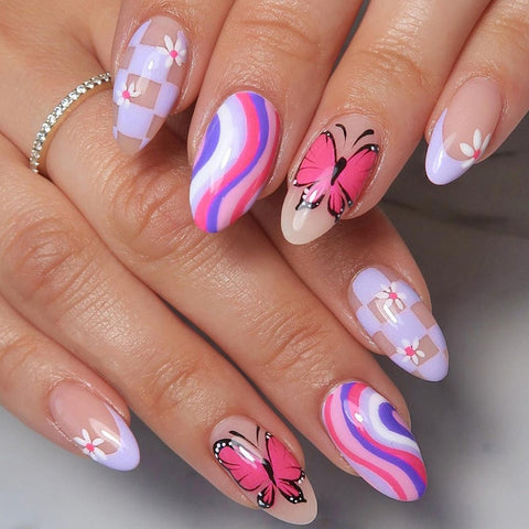 Beyprern Christmas gifts 24Pcs Almond False Nails With Glue Oval Head Wearable Fake Nails Colorful Butterfly Stripe Pattern Full Cover Press On Nail Tips