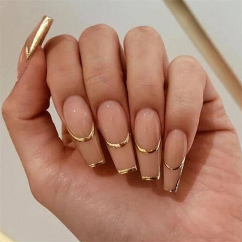Cyber Monday Big Sales Gold French Tip Nude Fake Nail With Adhesive Tab Set Long Press On Acrylic Nails Faux Ongles