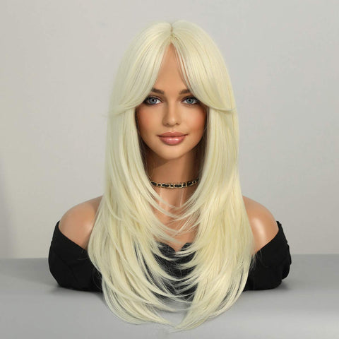 Cyber Monday Big Sales Long Straight Wavy Wig With Bangs Natural Blond Hair For Daily Cosplay Party Heat Resistant Fiber Synthetic Wigs For Women Wig