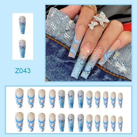 Beyprern 24Pcs Long Coffin False Nails Wearable French Ballerina Butterfly Line Design Fake Nails Full Cover Nail Tips Press On Nail