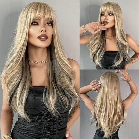 Beyprern Cyber Monday Big Sales Long Wavy Curly Wigs For Women HD Black Blonde Hair Cosplay Party Heat Resistant Fake Hair Natural Synthetic Wig With Bangs