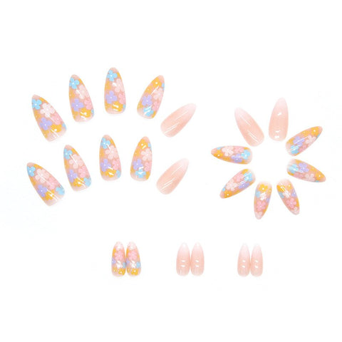 Beyprern 24Pcs False Nails With Small Flower Design Detachable Almond French Fake Nails Full Cover Nail Tips Press On Nails Reusable