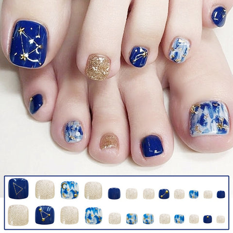 Thanksgiving Day Gift 24PCS Starry Skys Fake Toenails With Glue Short Square Head Designs Nails Blue Gold Sweet Style Manicure False Toenails Press On