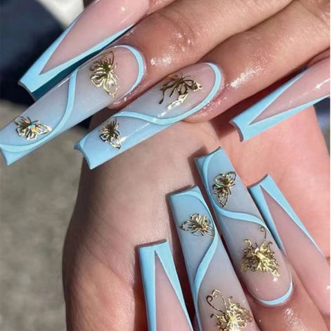 Beyprern Long Coffin Gold And Silver Foil Butterfly False Nails Wearable French Ballerina Fake Nails Full Cover Nail Tips Press On Nails