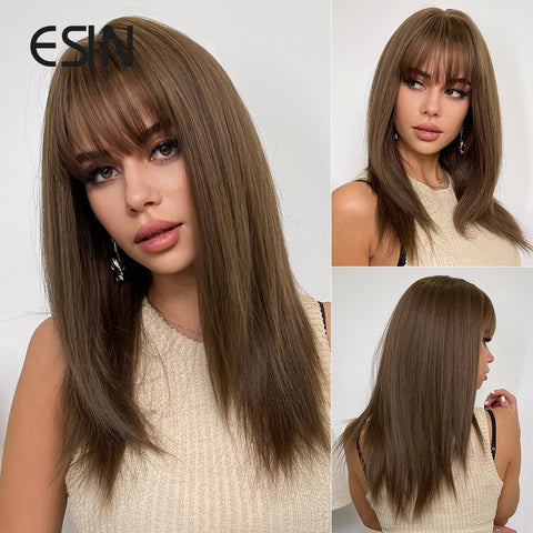 Black Friday Big Sales Synthetic Hair Medium Long Straight Wig With Bangs INS Cosplay Natural Wigs For Women Heat Resistant
