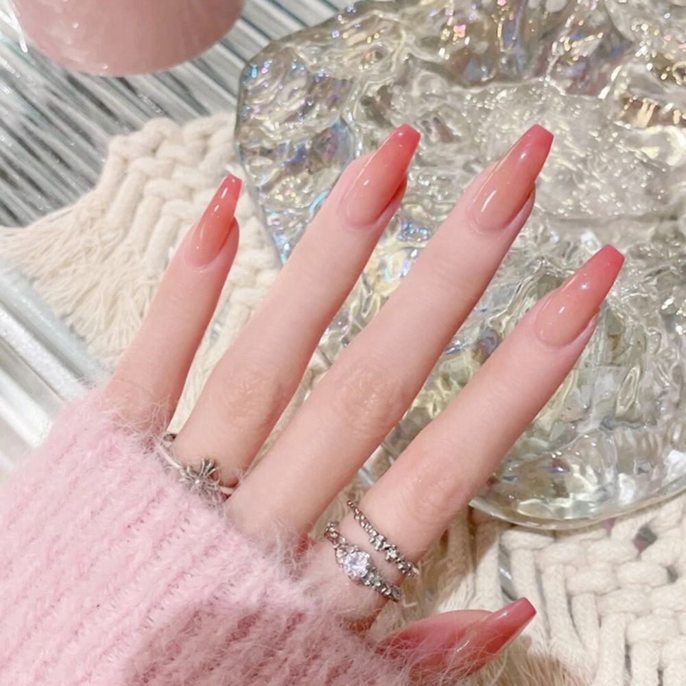 Middle Length Ballerina Rendering rouge Pink Color False Nails Design With Heart Pattern DIY Artificial Fake Nail Press On Nails