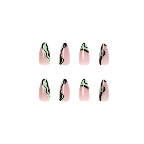 Beyprern 24Pcs Simple Green French False Nails Black Wave Press On Nails Full Cover Fake Wearing Finger Nails Almond Nail Art For Women