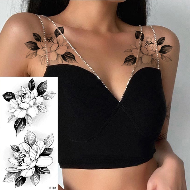 Beyprern Large Size Black Flower Pattern Fake Tattoo Sticker For Women Dot Rose Peony Temporary Tattoos DIY Water Transfer Tattoos Girls