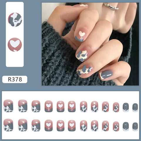 Easter  24PCS Short Press On Nails Cow Pattern & Heart Full Coverage Artificial Nails Fingers  Nail Free Shipping Items