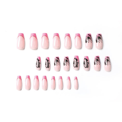Beyprern 24Pcs Butterfly Pink French Fake Nails Medium Coffin Press On Fingernails Glitter Powder Edge Manicure Full Cover False Nails