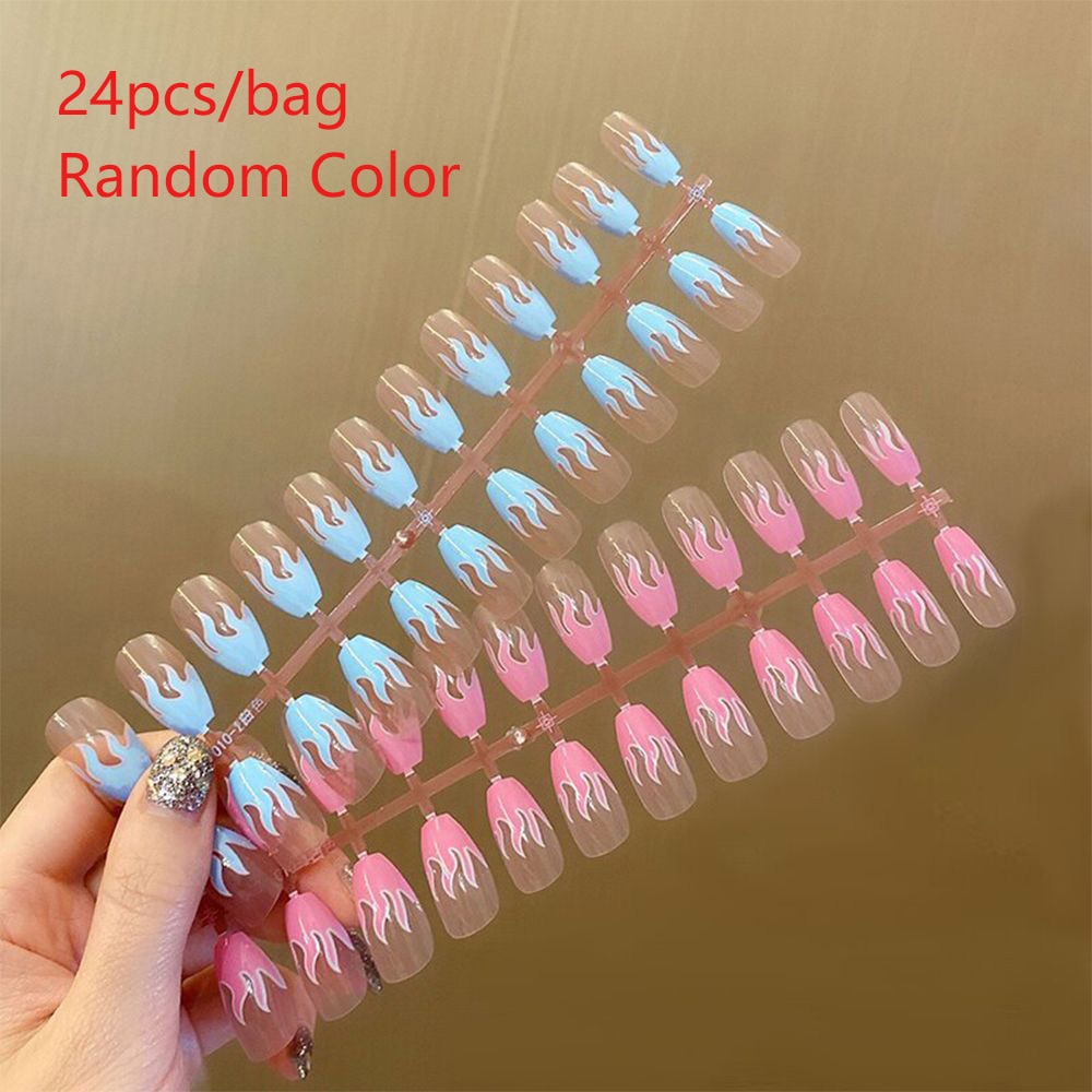 Beyprern 24Pcs Mid Length Blue Flame Yin Yang Love Wearing Fake Nails Ballerina Coffin Full Cover Manicure Press On Geometry False Nails