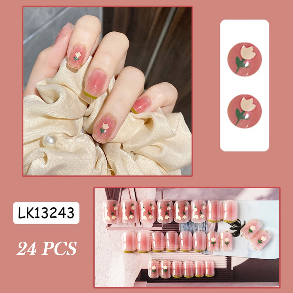 Press on stickers Short Fresh Flowers Decorated Frosted full cover Wearable Fake Nail Suitable for Girl Summer Hand Decoration