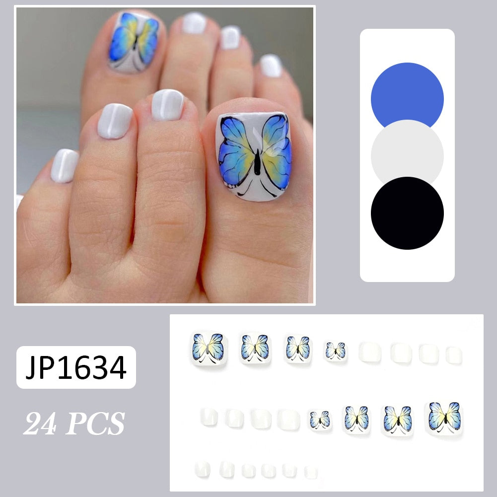 Black Friday Sales 24Pcs/Set False Toenails Blue Butterfly Designs Fake Toenails Temperament French Style Press On Artificial Nails Square Nail Art