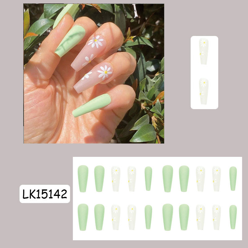 Beyprern 24Pcs Detachable Long Ballet French False Nails With Sweet Flower Wave Design Full Cover Artificial Fake Nails Press On Nail Tip