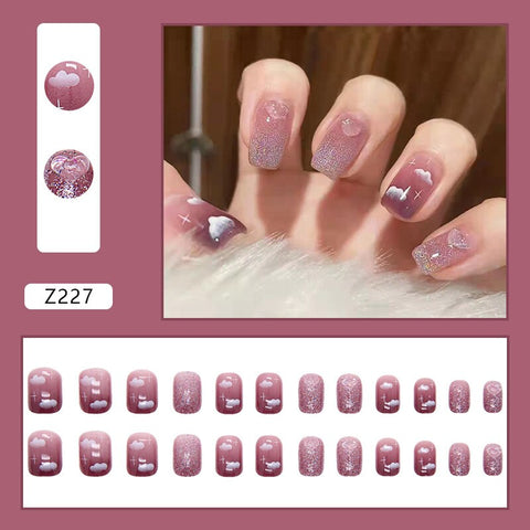 24pc Square Shiny False Nail Tip Rhinestone Scratches Design Artificial Fake Nails Heart Short French Press On Nail DIY Manicure