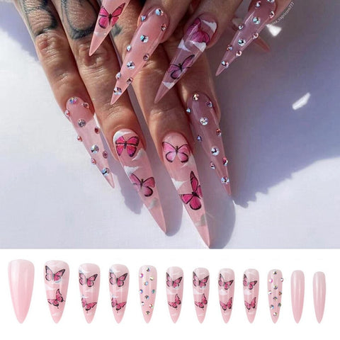 Beyprern 24Pcs Press On Nails Long Stiletto False Nails With Glue Pink Butterfly Cloud Rhinestones Design Acrylic Fake Nail Detachable