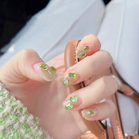 Fake Nails With Rhinestones 24PCS Glitter Clear Green Press On Nails Sweet Wearable Full Cover Short Nails  Free Shipping Items