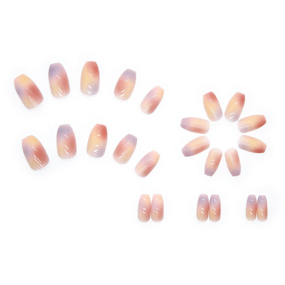 24Pcs White Smudge Line Fake Nails French Coffin False Nails Manicure Ballerina Full Cover Artificial Press On Nails Decoration