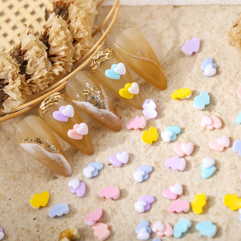 Beyprern 100Pcs Summer New Nail Art Charms Double Heart Little Peach Heart Nails Decorations DIY Colorful 3D Resin Manicure Accessories