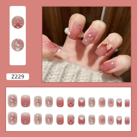 24pc Square Shiny False Nail Tip Rhinestone Scratches Design Artificial Fake Nails Heart Short French Press On Nail DIY Manicure