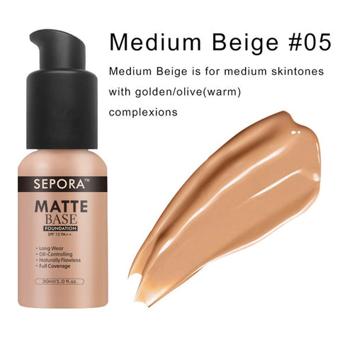 Beyprern 30ml Face Matte Liquid Foundation Base Makeup Oil Control 24 Hours Lasting Concealer Full Coverage Waterproof Contour Makeup
