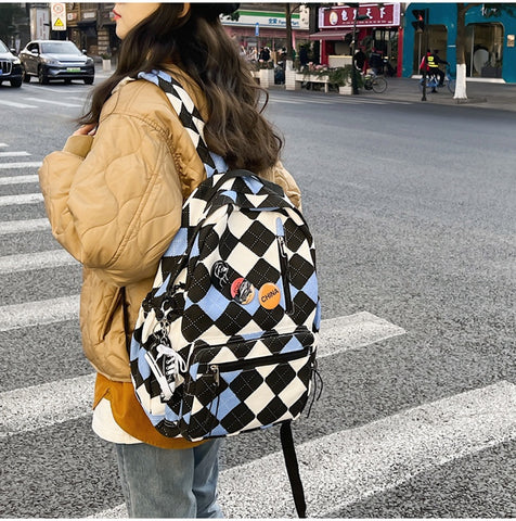 Beyprern Simple Women's Nylon Backpack For Cute Girls Plaid School Bag Large Capacity Travel Rucksack Ladies Anti Theft Canvas Mochila