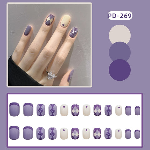 Easter  24PCS Press On Acrylic Nails Short Nails With Adhesive Strips  Nail Cute Checkerboard Design Full Coverage Artificial Nails