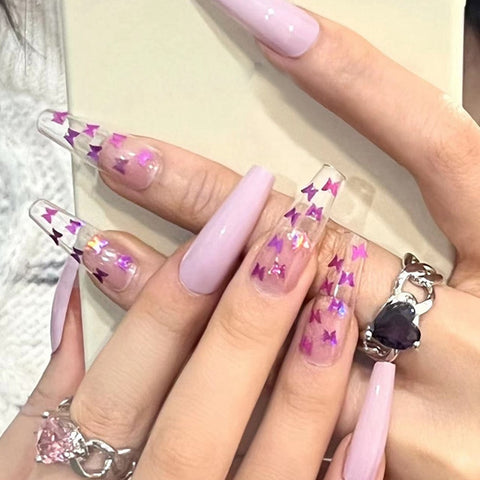 Beyprern Lilac Gradient Butterfly Pattern Fake Nails Full Cover False Nails Extra Long Ballerina Coffin Nails Manicure Nail Art Tools