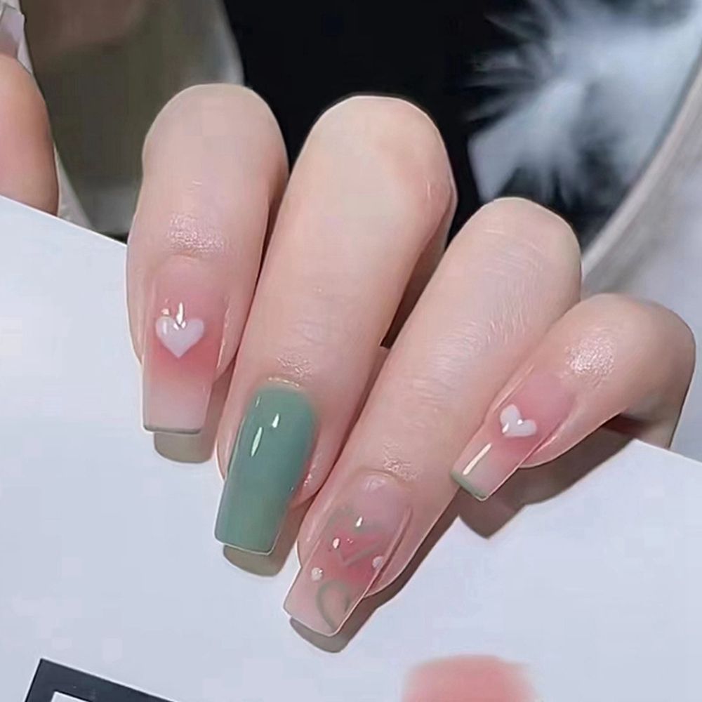 Beyprern 24Pcs White Smudge Line Fake Nails French Coffin False Nails Manicure Ballerina Full Cover Artificial Press On Nails Decoration