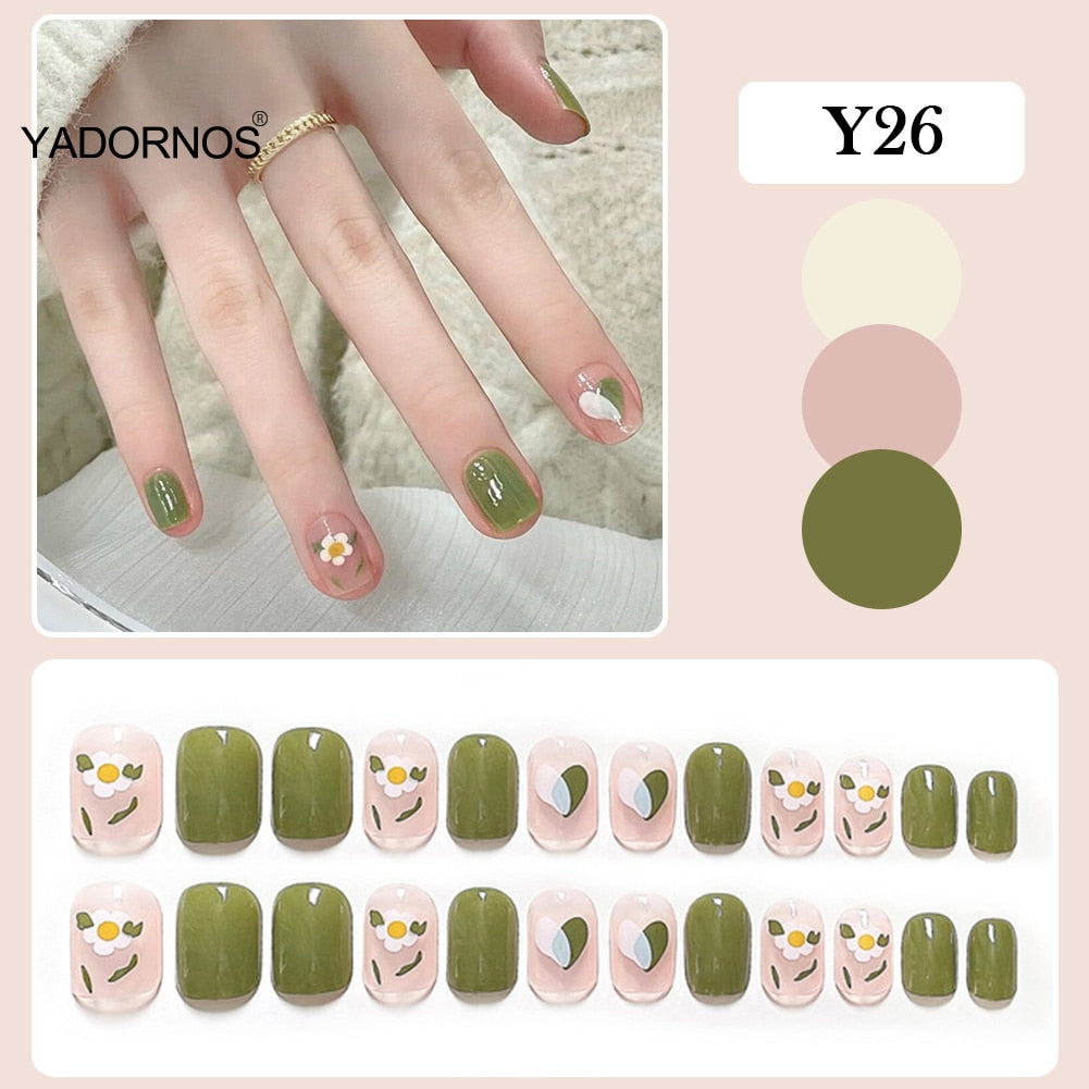 Short Stick On Nails False Nails Yellow Floral Full Cover Finished Nails Piece Small Refresh Style Removable Save Time 24PCS TY