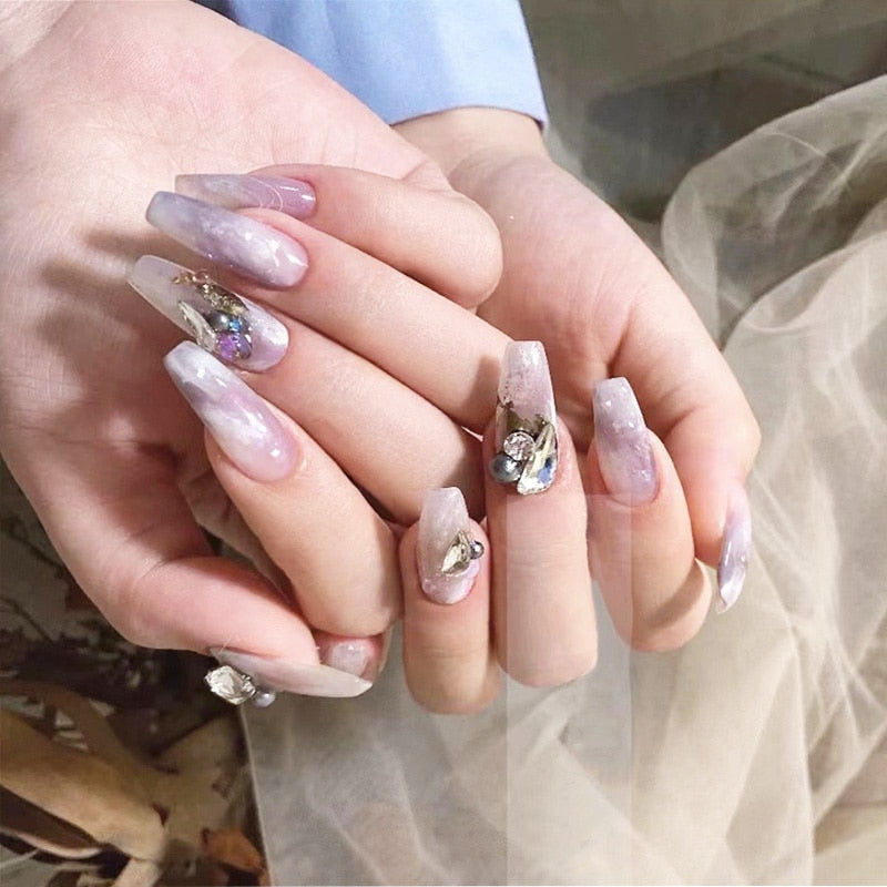 Fake Nails Coffin Shape Full Cover Nails Cute With Rhinestones Design Nails Supply Acrylic With Jelly Glue Artificial Nails 2022