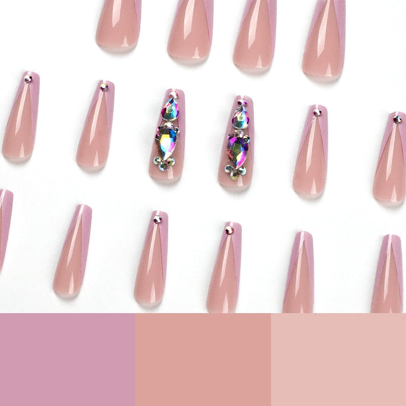 Black Friday Big Sales V Shape Pink French Nails Set Press On With Rhinestone Design Extra Long