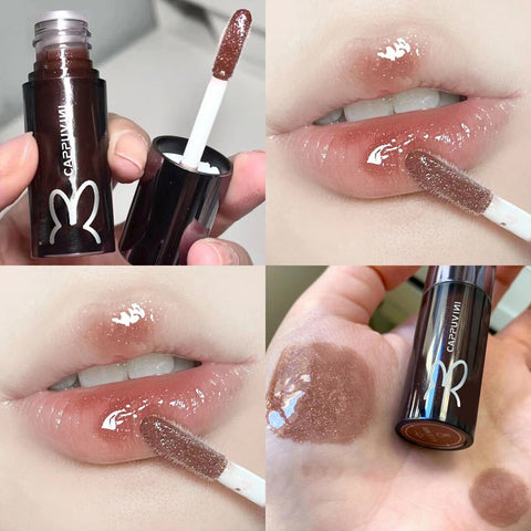 Beyprern Black Tube Glossy Lip Gloss Moisturizing Lip Plumper Makeup Glitter Shiny Flash Lip Oil Clear Liquid Lipstick Fades lip lines