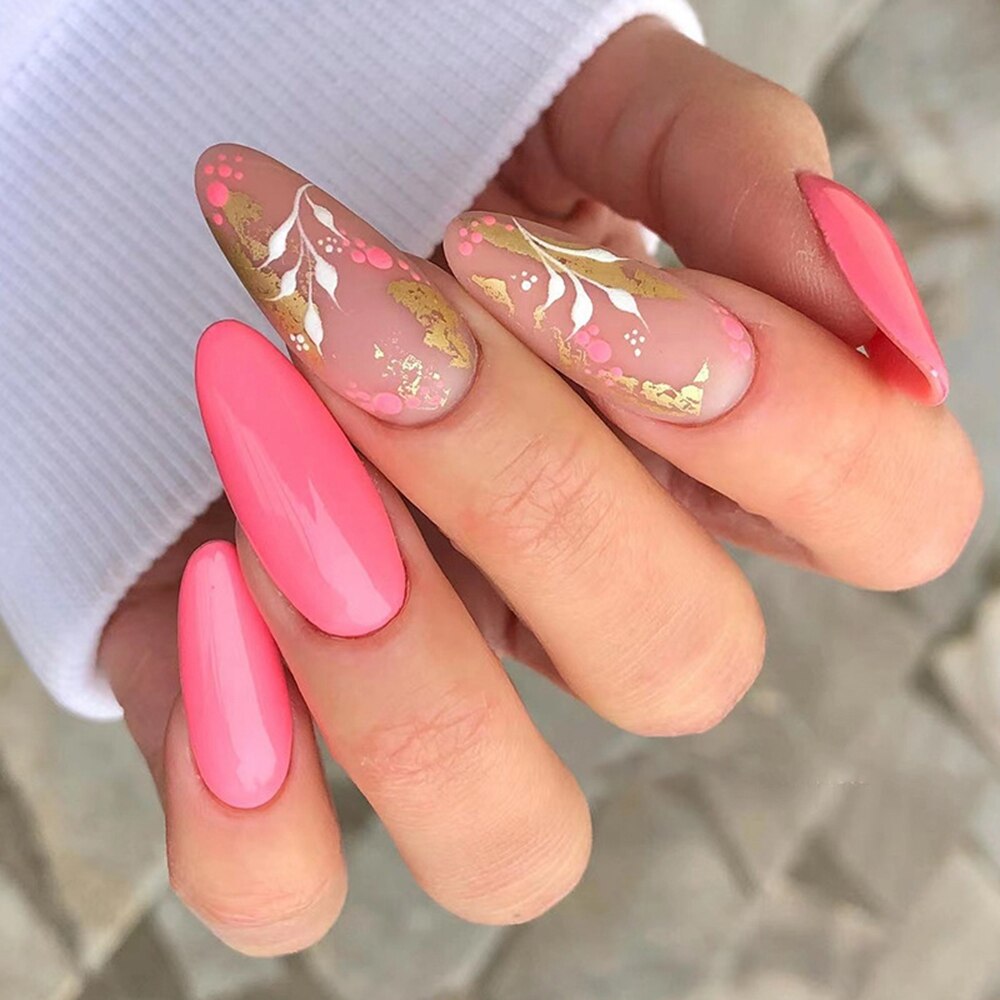 Beyprern Almond French False Nail With Flower Glitter Gold Foil Design Wearable Press On Nails Acrylic Reusable Full Cover Fake Nail Tip
