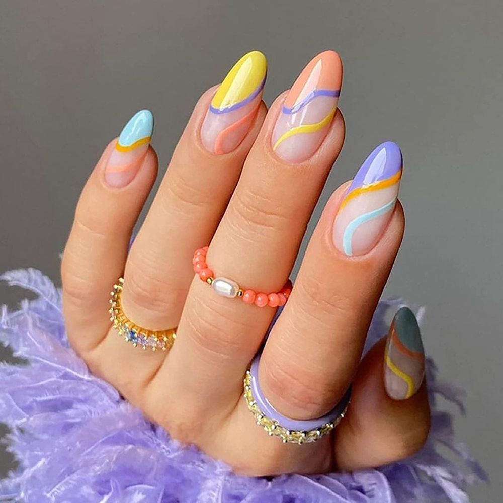 Beyprern 24Pcs Rainbow Wavy Nail Patch Almond Fake Nails Wearable Stiletto False Nails Full Cover Nail Tips Press On Manicure Tool
