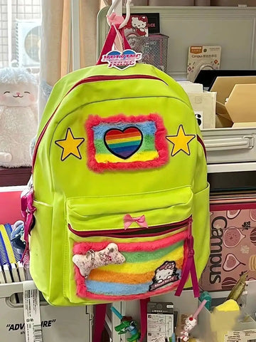 Beyprern back to school Japanese Harajuku Style Colorful Rainbow Kawaii Cat Backpack Canvas Handbag Shoulder Bags Large Capacity Student Schoolbag