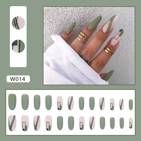 Beyprern 24pcs false nails matte Green Nails Patch with glue Removable Long Paragraph Fashion Manicure press on Nail tips free shipping