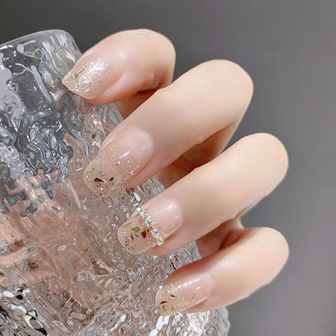 Japanese Nails 24PCS Fake Nails With Glitter Shiny Rhinestones Nail Acrylic Sweet  Full Coverage Press On Nails Free Shipping