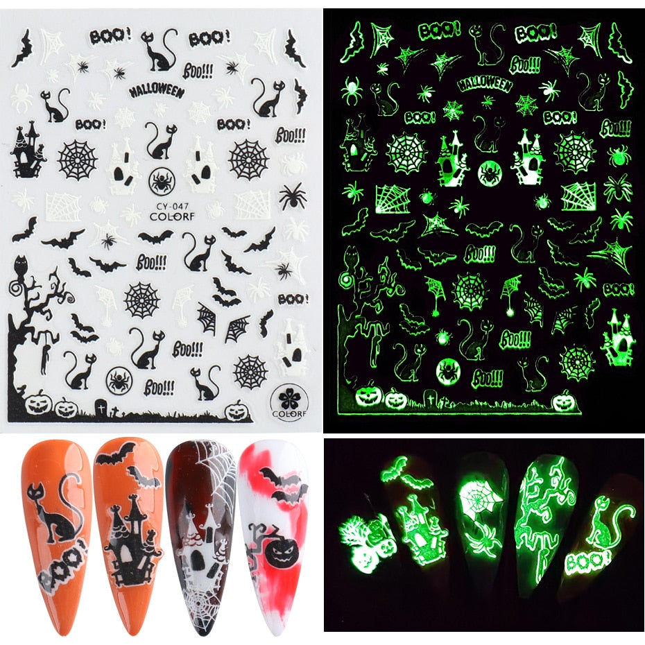 Beyprern Halloween Nail Stickers 3D Decals Spider Web Skull Bone Cat Pumpkin Black White Nail Art Sliders Foils Manicure Tattoo TRJO1887
