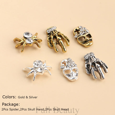 Beyprern Halloween 3D Halloween Nail Art Charms Gold Silver Vintage Skeleton Hand Head Rhinestones Spider Jewelry Metal Manicure Accessories TRYW12