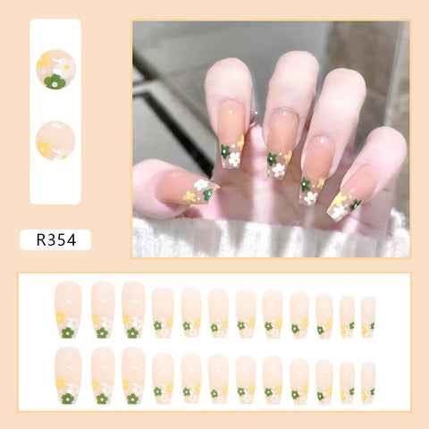 Long Coffin False Nails Heart Wearable Almond Purple Pink Fake Nail with glue French Flower Ballet Press On Nails Full Cover Tip