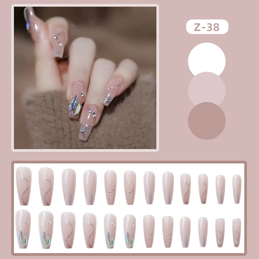 Fake Nails With Rhinestones 24Pcs Glossy Wearable False Nail Long Fake Nail With Diamond For Women And Girl Nail Tips Design