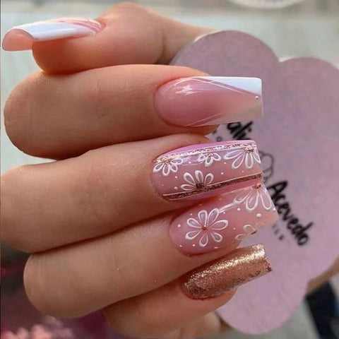 Beyprern 24Pcs Middle Length Ballerina Flower Pink Color False Nails Design With Heart Pattern DIY Artificial Fake Nails With Press Glue