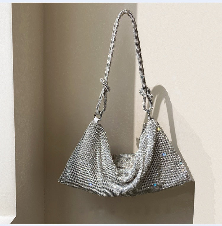 Handle Evening Clutch Bag Rhinestones Silver Shiny Crystal Wedding Diamon Purses And Handbag Luxury Diamonds Shoulder Bag Purse