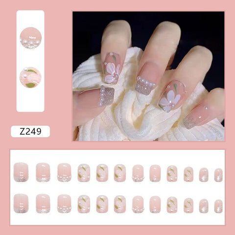 Easter  24Pcs/Set Diamond Pearl Design False Nail Fashion Shiny French Full Cover Fake Nails with Glue Manicure Finished Nail Art Tools