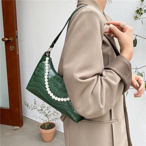 Beyprern Armpit Bag Women Retro Handbag PU Leather Underarm Shoulder Bag Fashion Pearl Top Handle Bag Female Small Subaxillary Bag Clutch