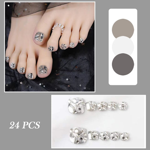 Cyber Monday Big Sales Press On Nails 2022 Summer Silver Diamond False Toe Nails Glitter Feet Nail Stickers Artificial Nail Tips Full Cover Fake Nails