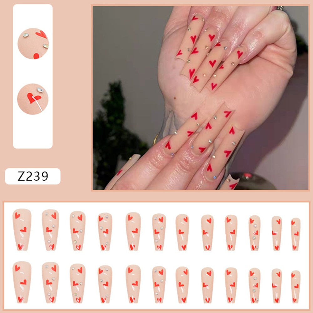 Easter  24PCS Coffin Press On Nail Tips Red Heart Design Full Coverage Artificial Nail  Nail 2022 With Adhesive Glue For Girls