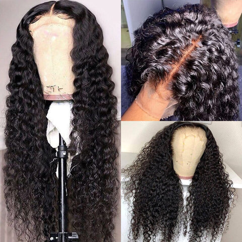 Beyprern Beauty Lueen Malaysian Curly Human Hair Wig Brazilian Deep Wave Wig Middle T Part HD Transparent Human Hair Lace Wigs For WOMEN